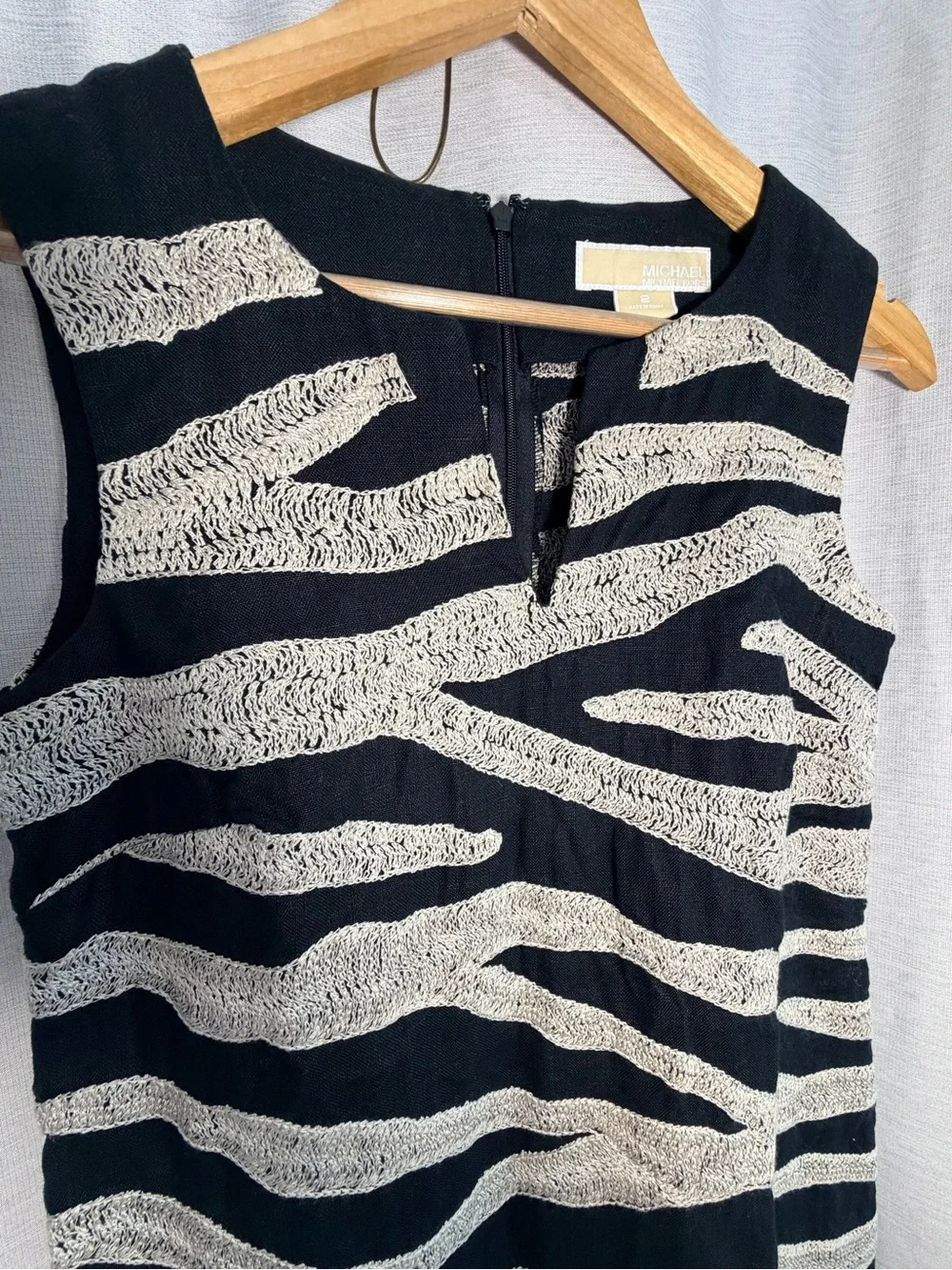 Michael Kors Black & Cream Zebra Print Notch Shift Dress 100% linen